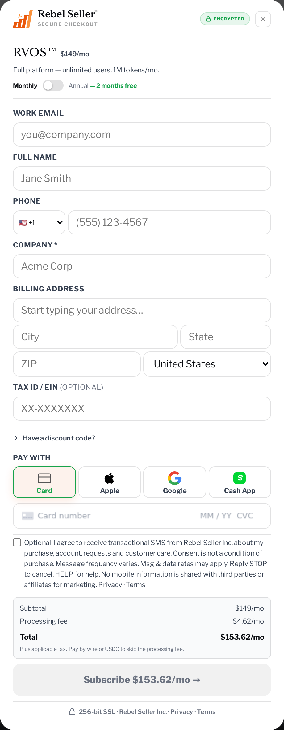 Checkout form at rebelseller.com/pricing showing the optional, unticked SMS consent checkbox
