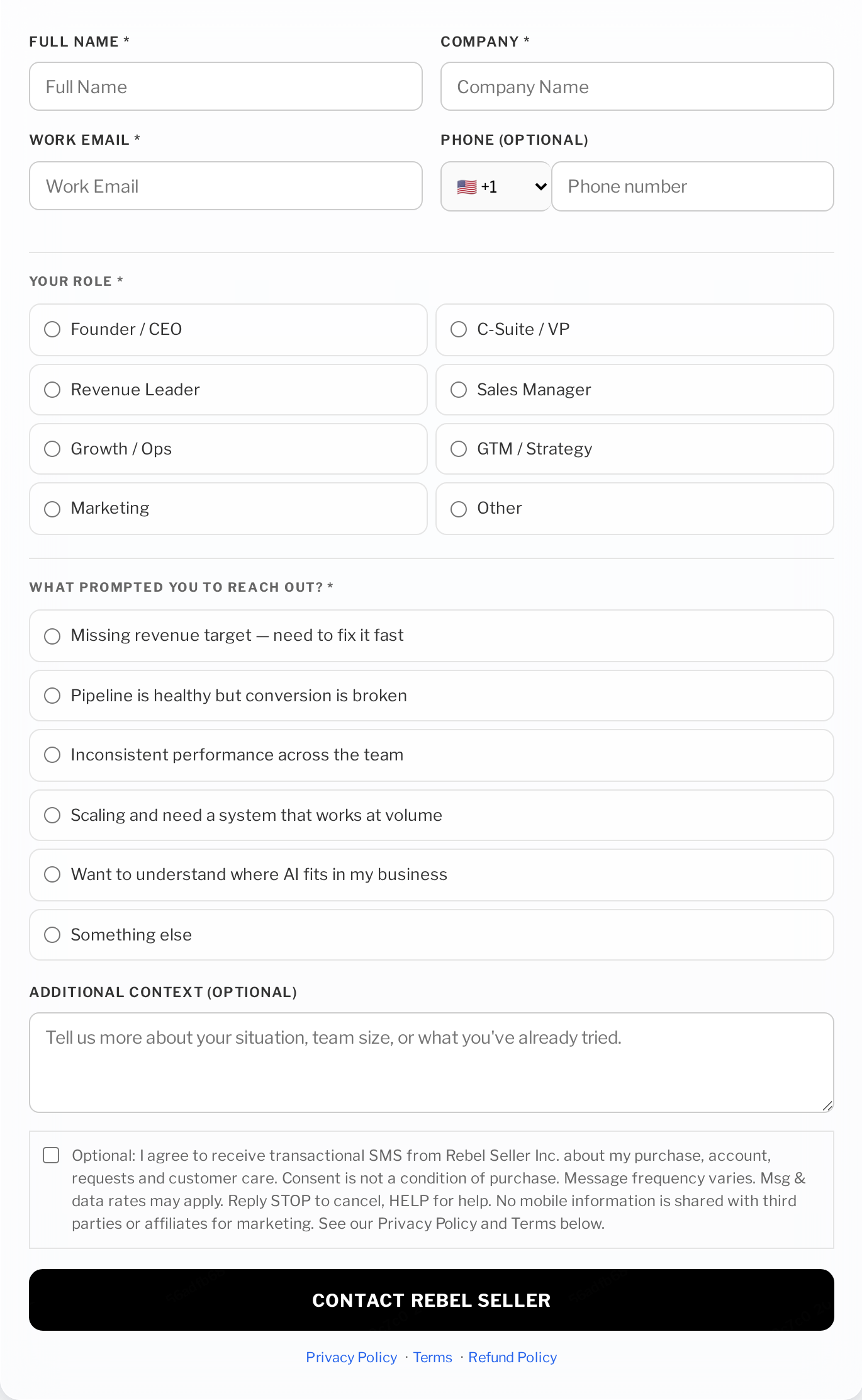 Contact form at rebelseller.com/contact showing the optional, unticked SMS consent checkbox
